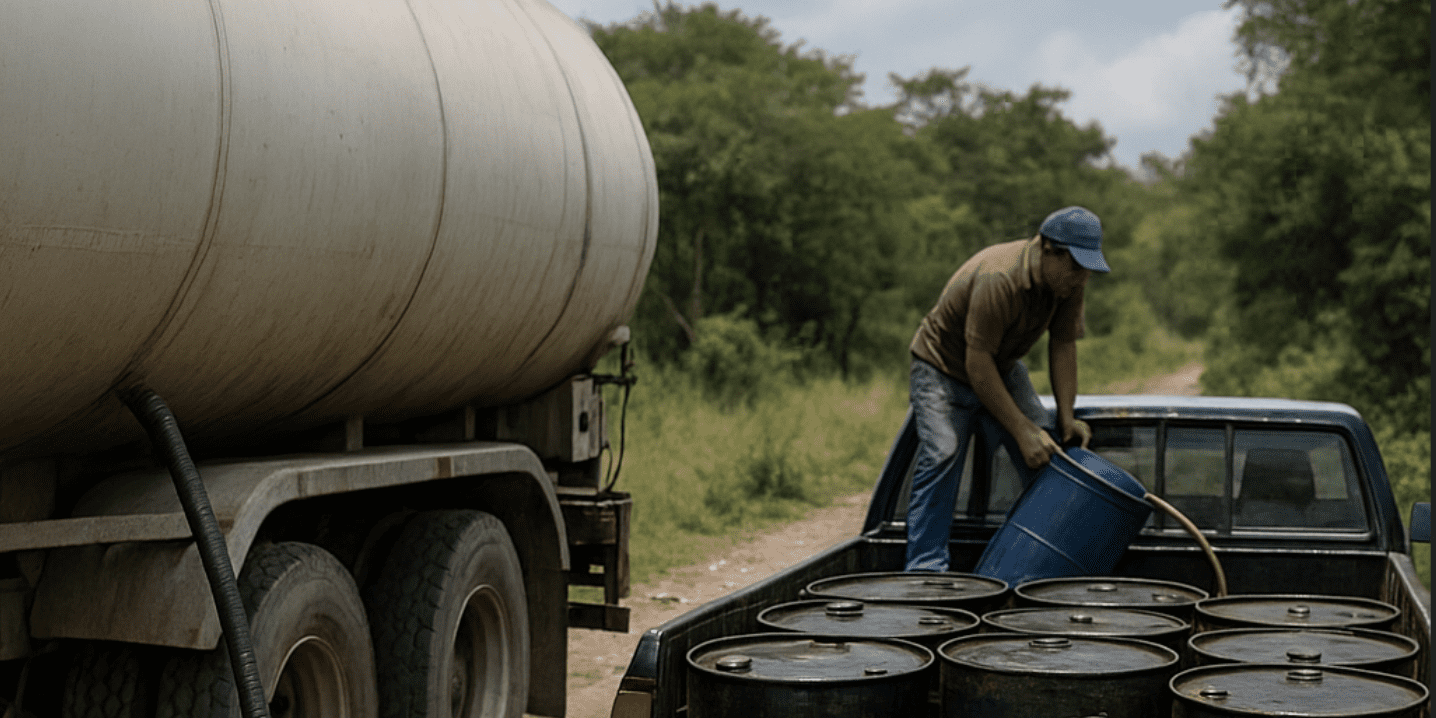 Camión cisterna y hombres vaciando combustible en bidones en zona rural